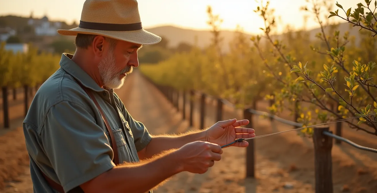 Campo agrícola mostrando técnicas de adaptación al cambio climático con sistemas de riego y protección solar