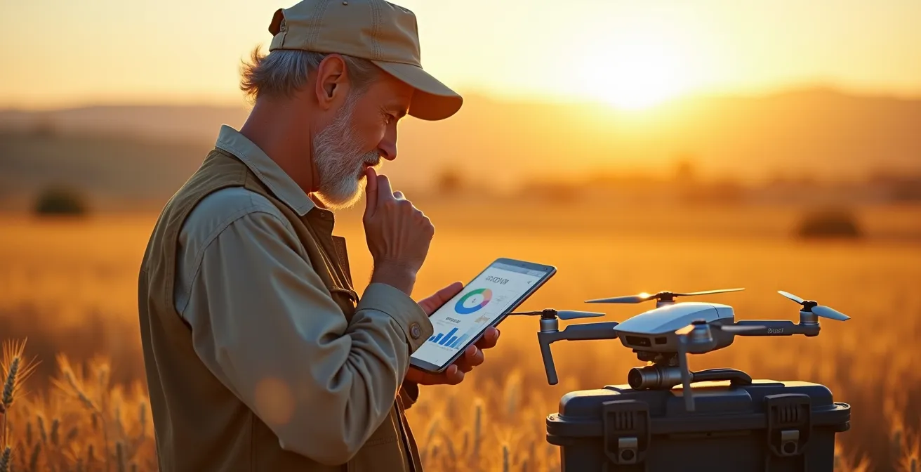 Agricultor analizando datos de costes en tablet en campo de cereal castellano