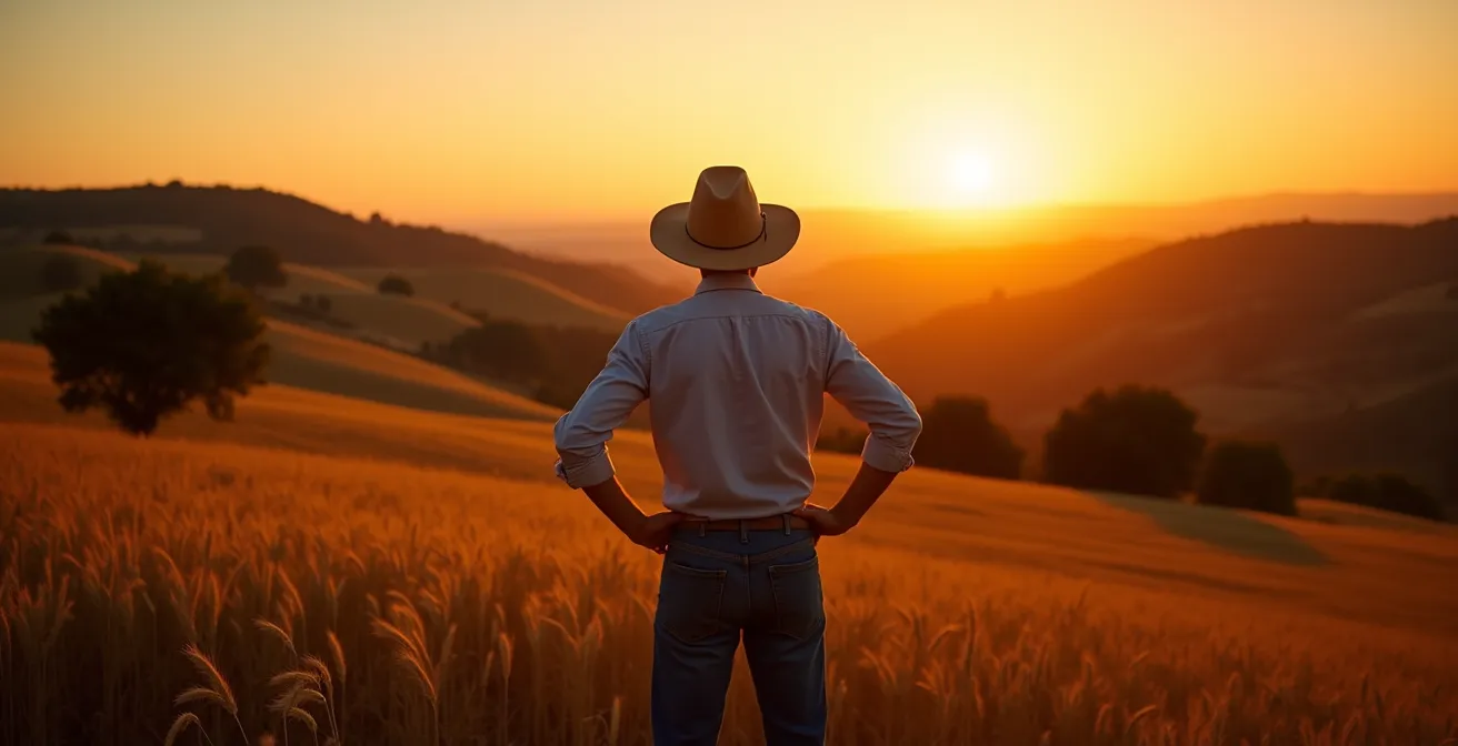 Agricultor contemplando sus campos al atardecer con perspectiva de planificación