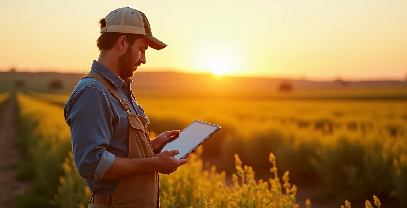 Retrato de agricultor español con tablet analizando datos en el campo al atardecer
