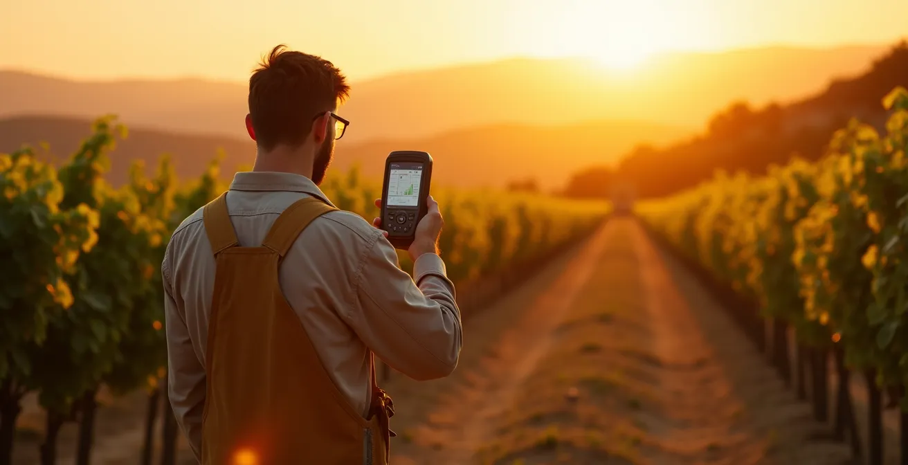 Agricultor analizando datos meteorológicos en viñedo español al atardecer