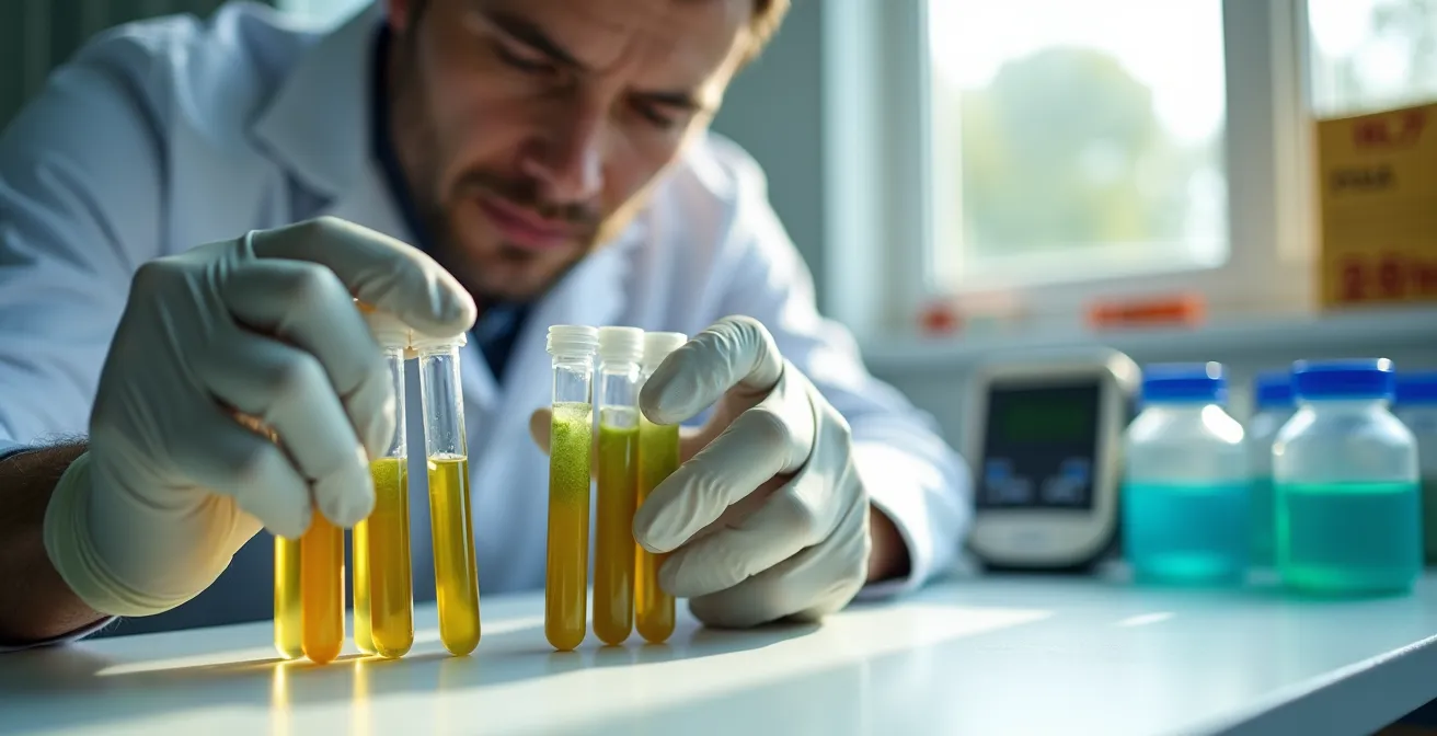 Mesa de laboratorio con muestras de ensilaje y resultados de análisis nutricional en España