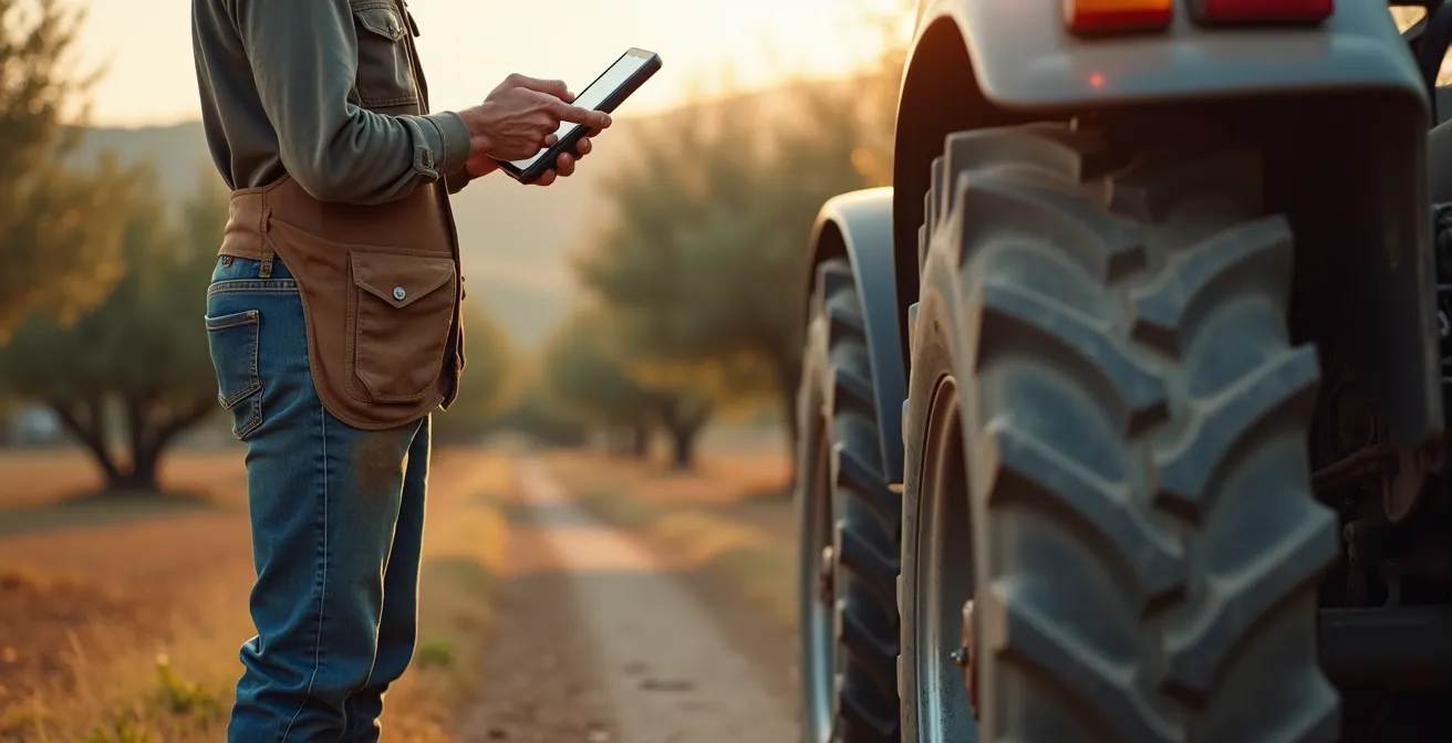 Vista cenital de tractor moderno trabajando en campo español con líneas de trabajo visibles