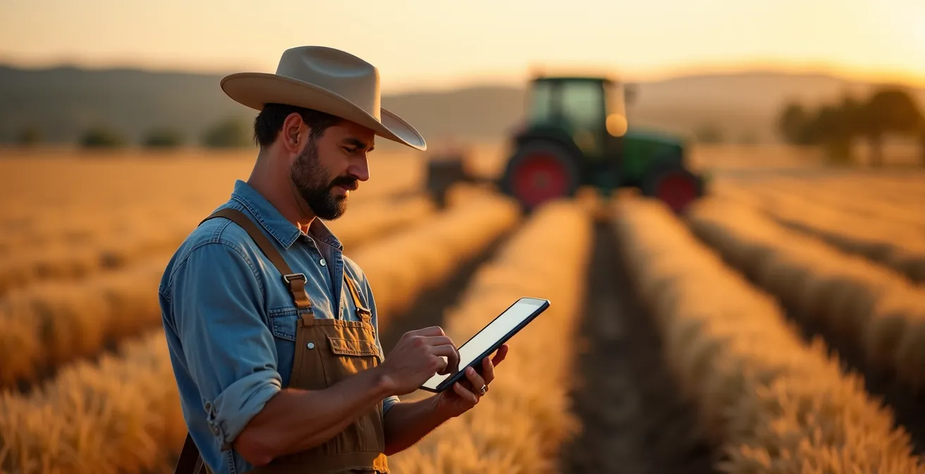 Agricultor analizando datos de suelo en tablet con vista de campo y mapa de vigor al fondo