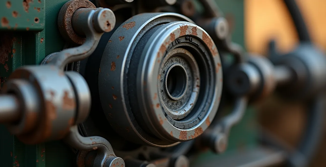 Detalle macro de componentes de maquinaria agrícola moderna mostrando tecnología de precisión