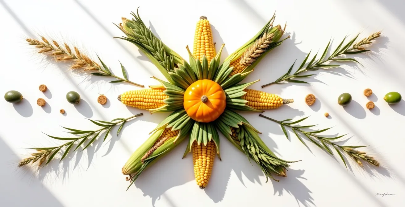 Composición simbólica de cultivos asociados tradicionales españoles mostrando la complementariedad entre especies como el maíz, la judía y la calabaza