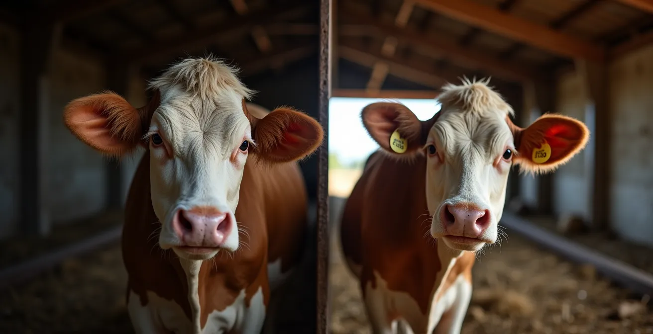 Comparación visual entre vaca de alta producción agotada y vaca equilibrada saludable