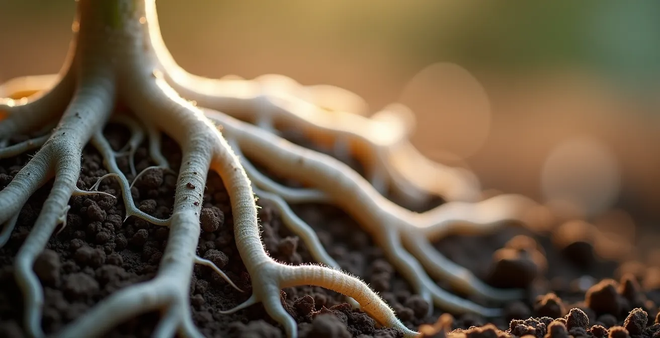 Vista macro de raíces vegetales colonizadas por microorganismos beneficiosos y micorrizas