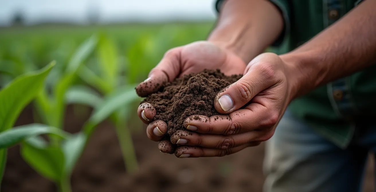 Manos de agricultor sosteniendo tierra rica con plantas de leguminosas al fondo en campo español