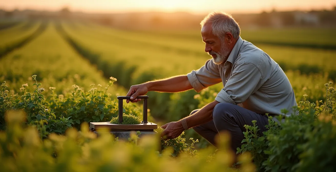 Agricultor midiendo y pesando biomasa de veza en parcela experimental con herramientas de medición