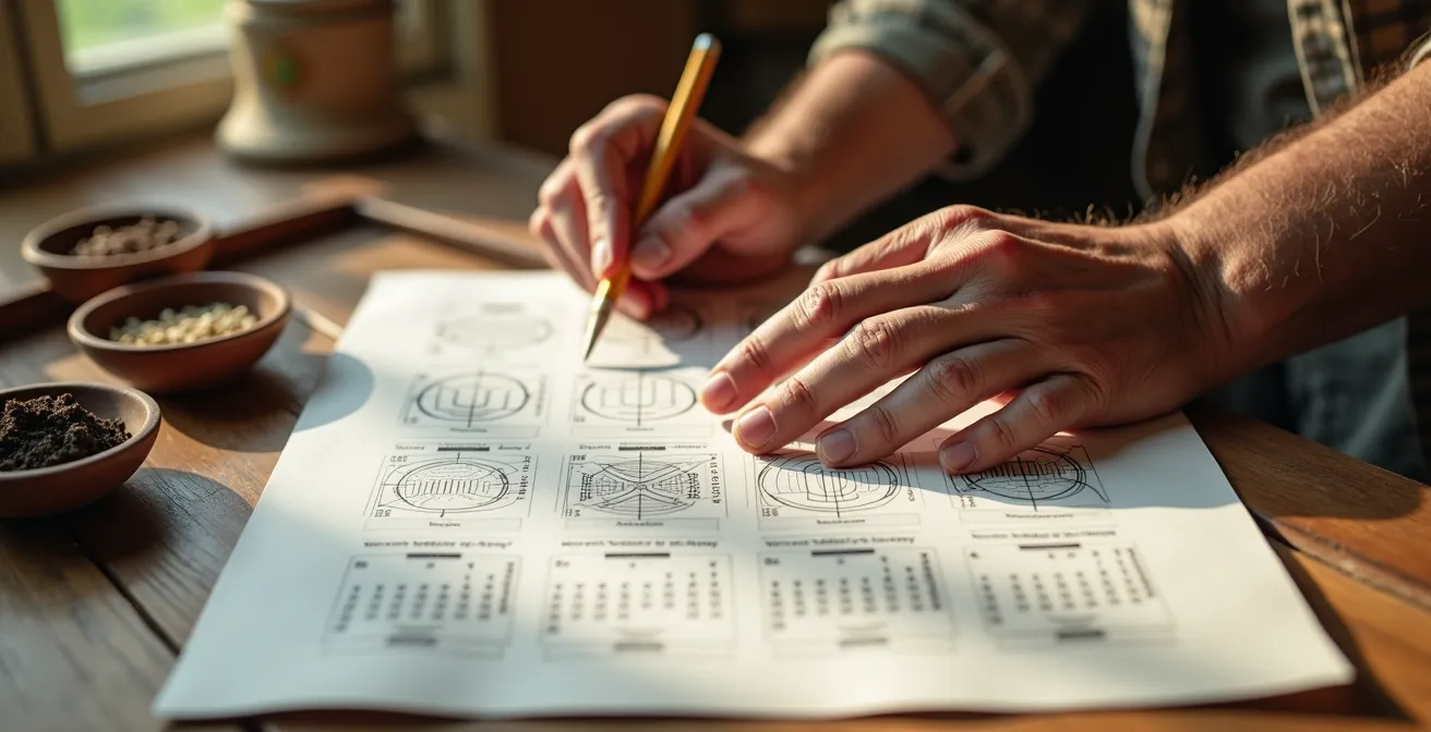 Mesa de trabajo con calendario de fertilización agrícola y herramientas de planificación
