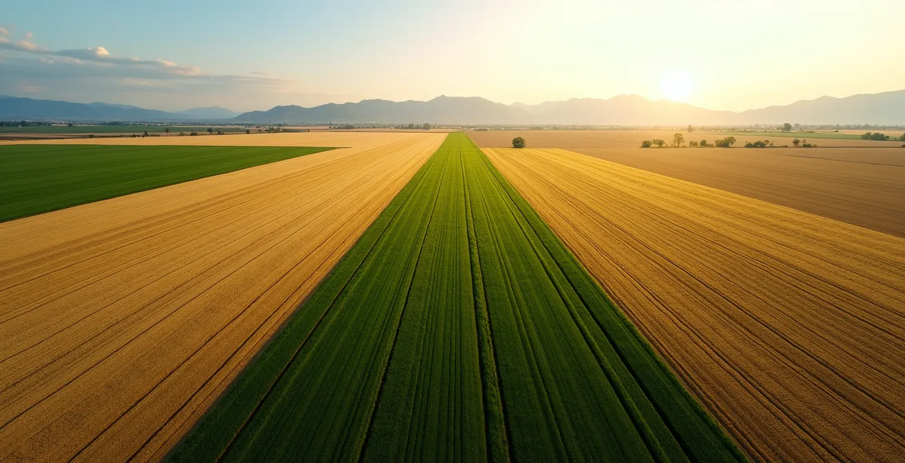 Vista aérea de campos agrícolas divididos mostrando diferentes estados de cultivo por estaciones