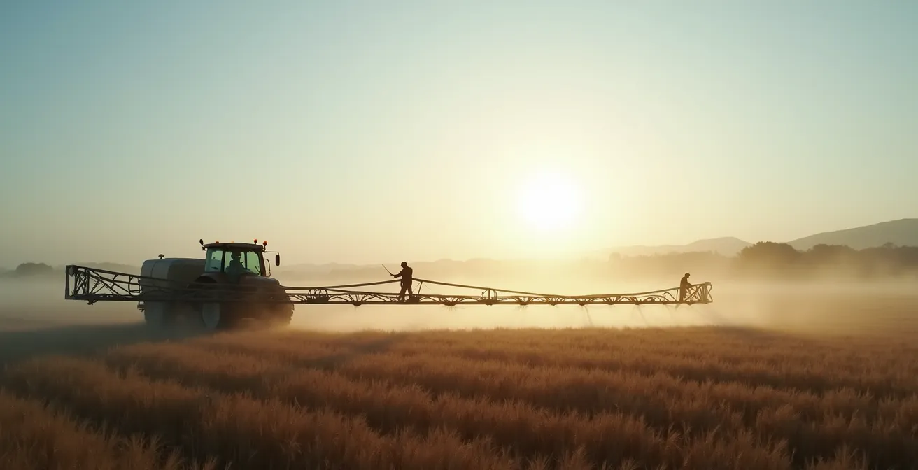 Técnico calibrando pulverizador agrícola en campo español