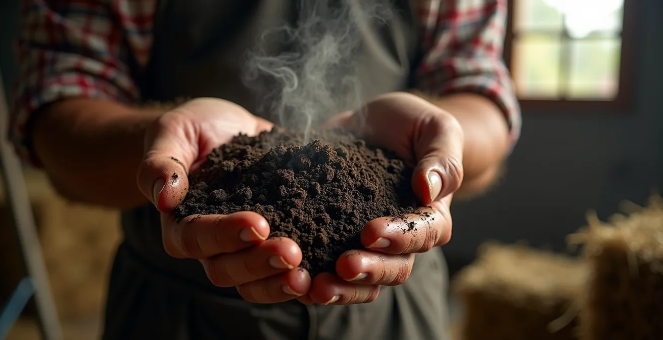Proceso de compostaje con estiércol y residuos vegetales en granja española