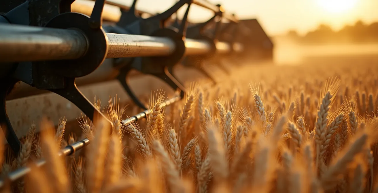 Detalle macro de mecanismo de corte de cosechadora con granos de trigo dorado