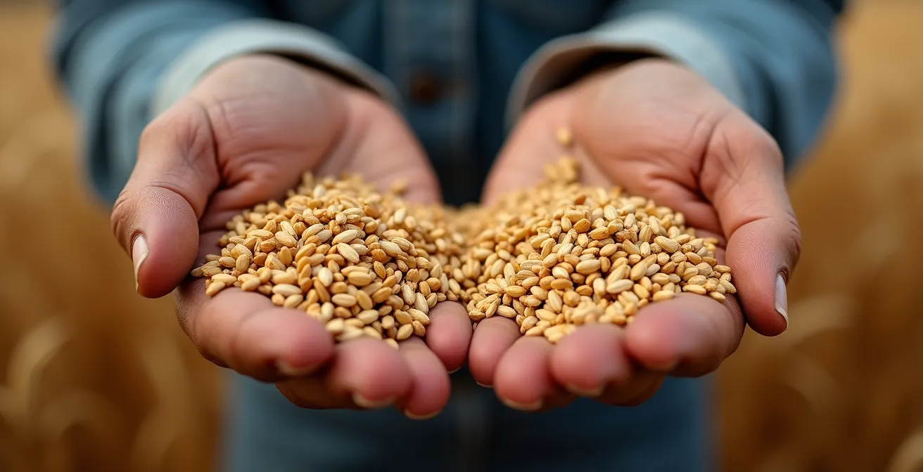 Manos de agricultor sosteniendo espigas de trigo mostrando diferencias de calidad