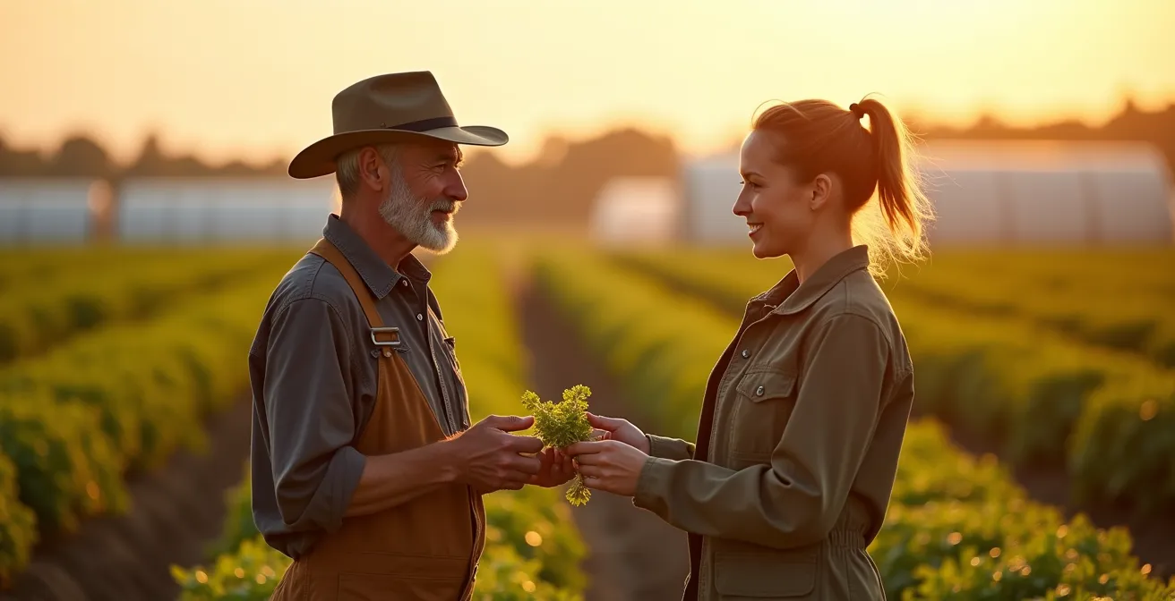 Agricultor y científica conversando en campo de cultivo experimental con tecnología visible al fondo