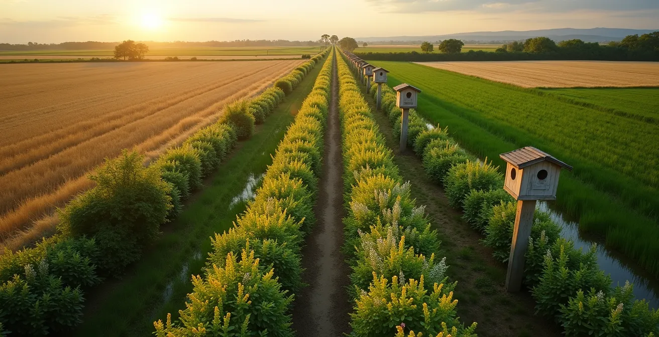Vista aérea de setos multifuncionales con flores silvestres conectando parcelas agrícolas