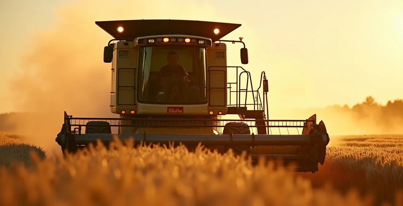 Cosechadora trabajando en extenso campo de cereal español al atardecer