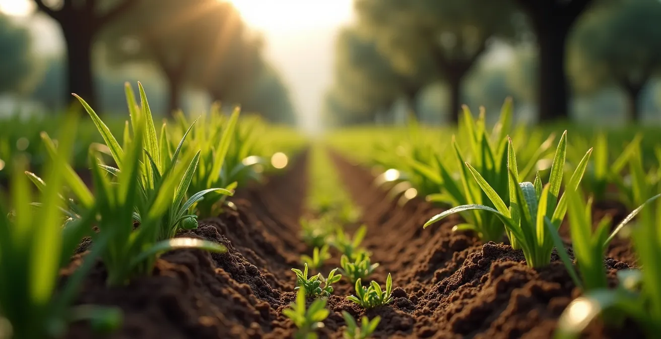 Detalle macro de cubiertas vegetales multiespecie entre hileras de olivos españoles