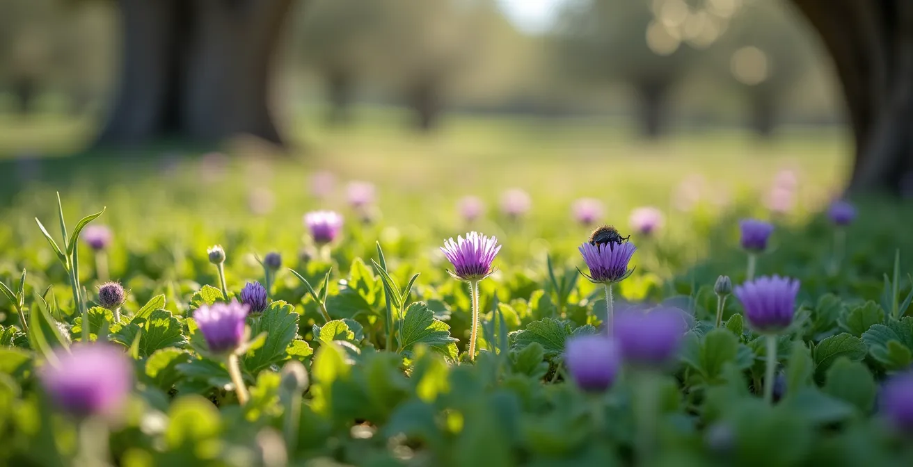 Campo de olivar con cubierta vegetal de veza y avena en floración entre las hileras de olivos