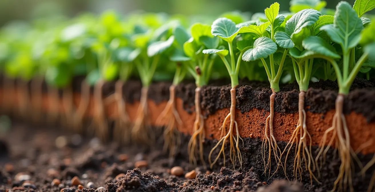 Vista aérea de bancal de 1,20m mostrando diseño en estratos con cultivos mediterráneos