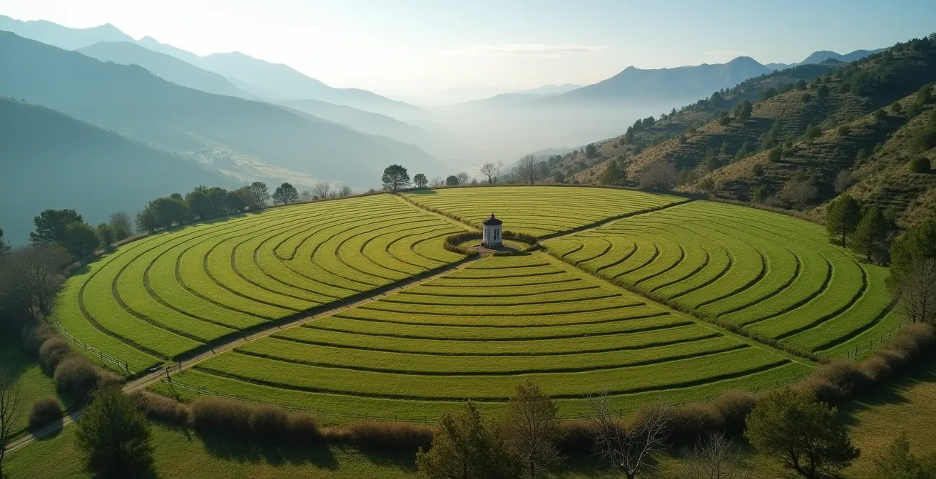Vista aérea de parcelas de pastoreo rotacional con diseño radial en terreno montañoso