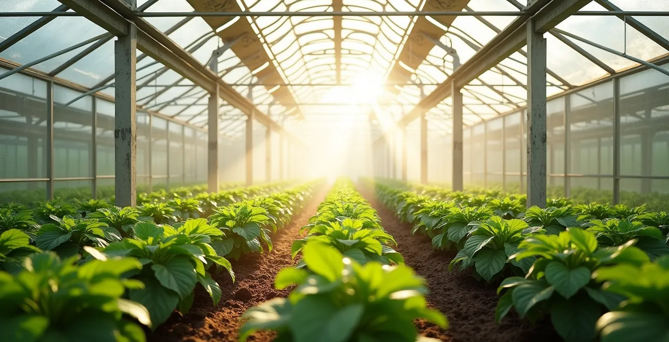 Vista interior de invernadero mostrando el flujo de aire natural entre líneas de cultivo espaciadas correctamente