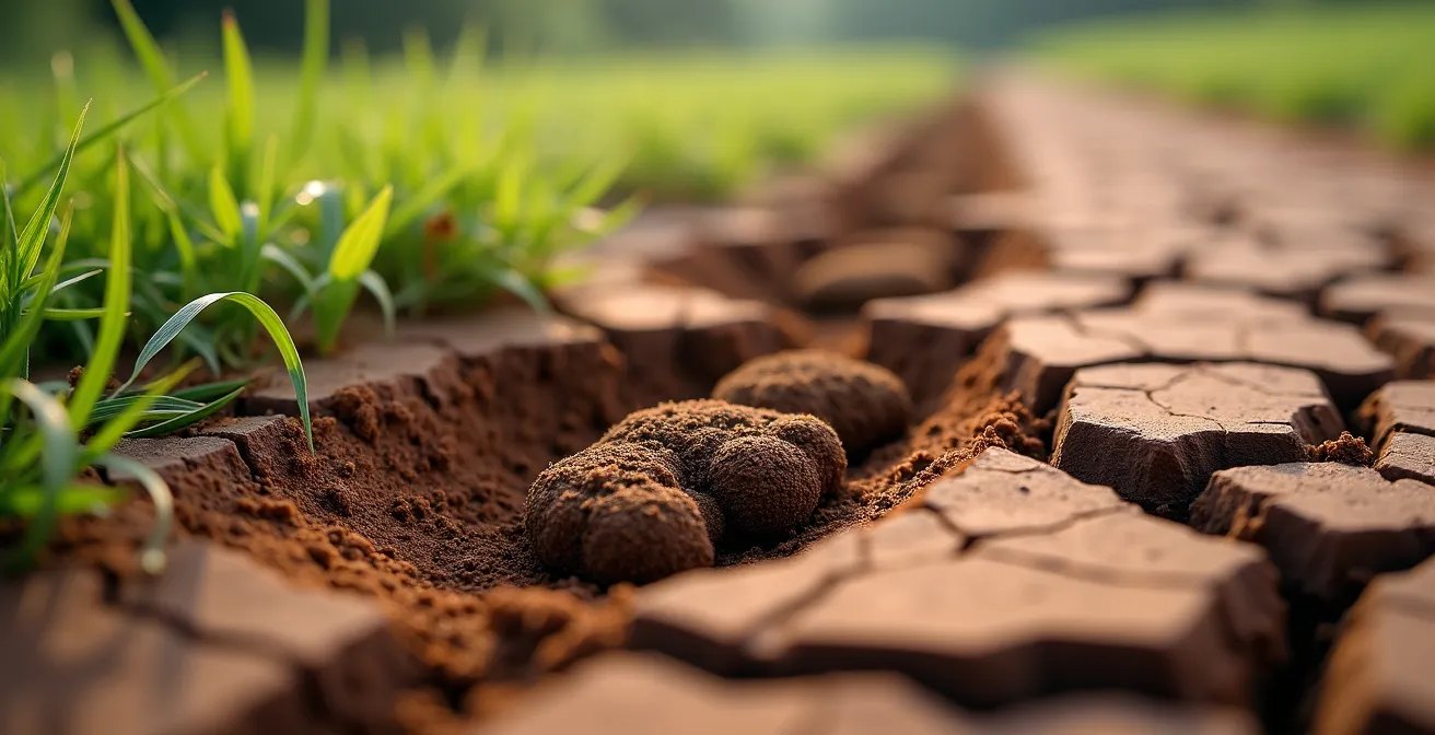 Detalle macro del suelo mostrando huellas de ganado incorporando materia orgánica
