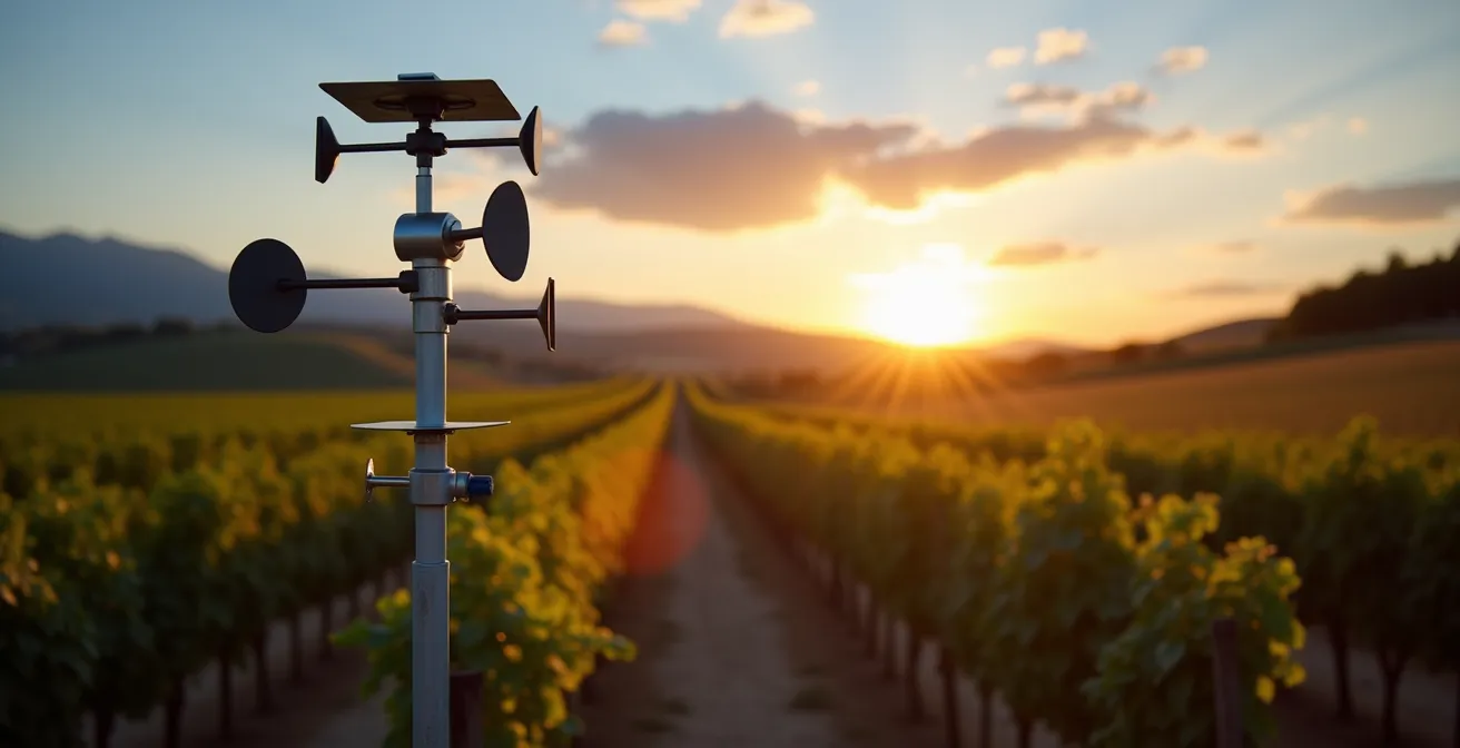 Estación meteorológica automatizada entre viñedos españoles monitorizando condiciones climáticas