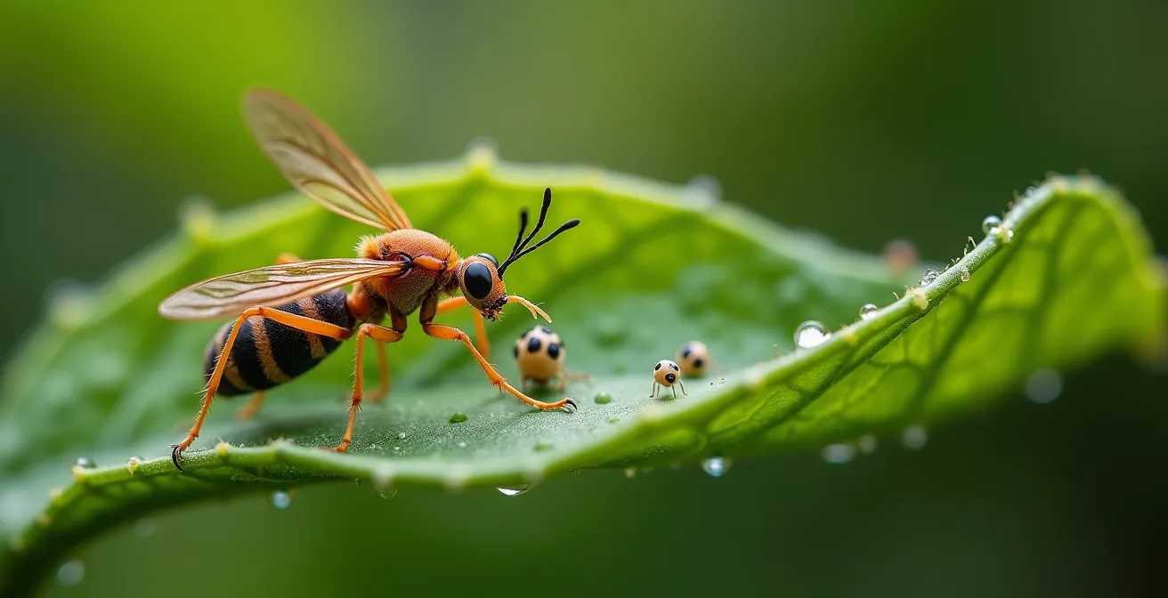 Primer plano macro de Orius laevigatus cazando pulgones sobre hoja de pimiento con fondo desenfocado de cultivo mediterráneo