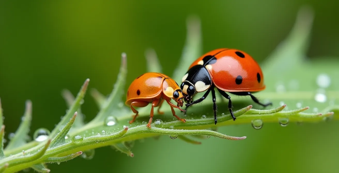 Detalle macro de mariquita depredando pulgones en hoja de cultivo con crisopa en segundo plano
