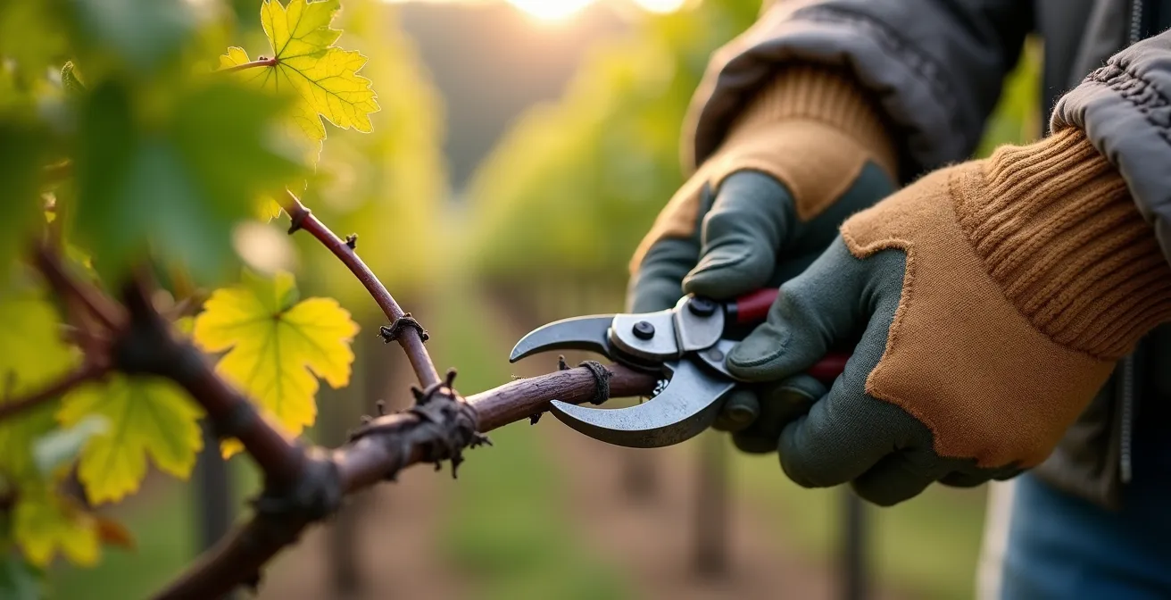 Trabajador experimentado enseñando técnica de poda a aprendiz en viñedo español