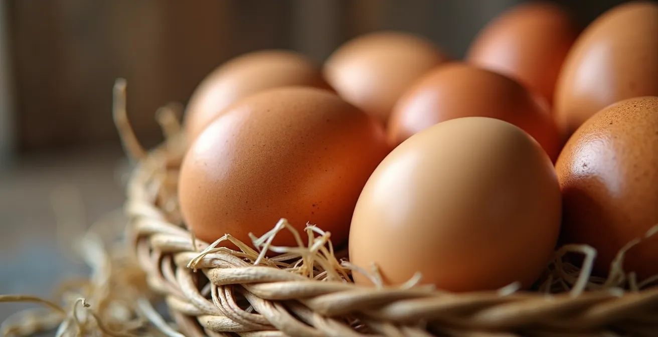 Presentación premium de huevos camperos con packaging artesanal en mercado local