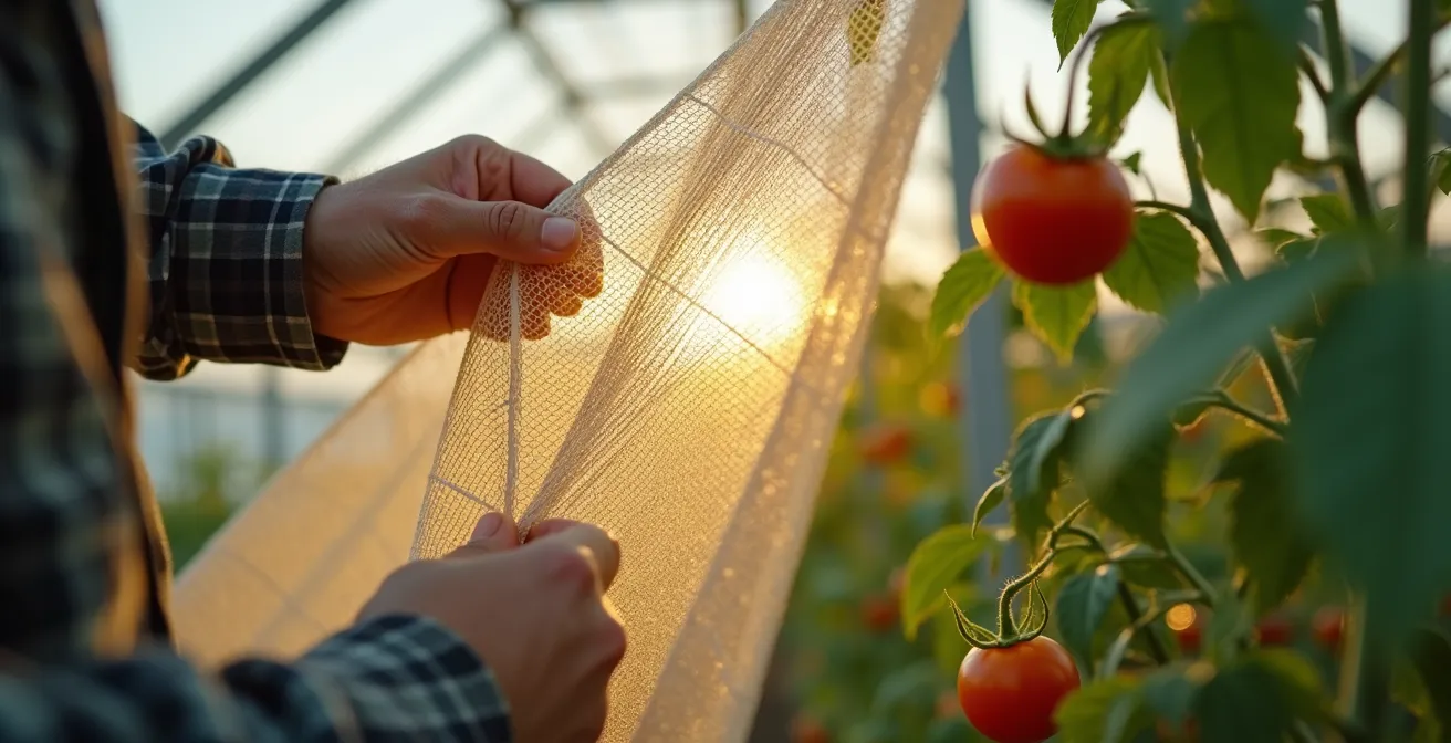 Detalle de instalación profesional de malla antiinsectos en estructura de invernadero con luz natural filtrada