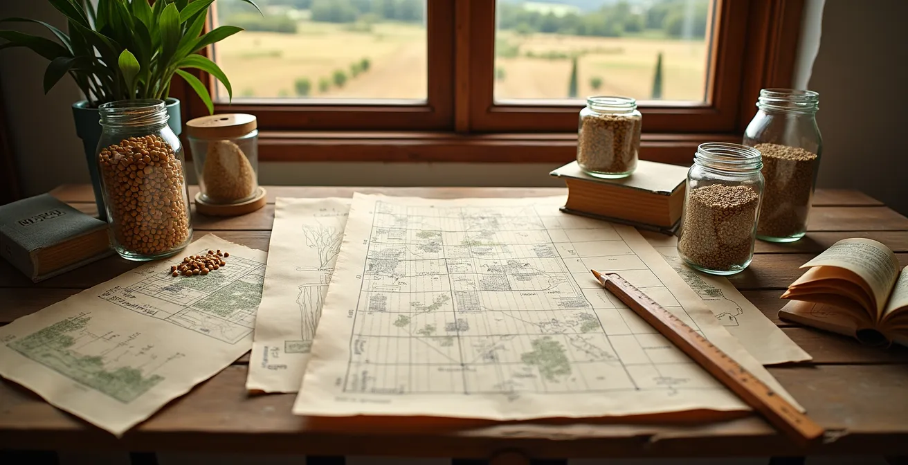Mesa de madera con mapas de parcelas agrícolas y semillas organizadas para planificación de rotación