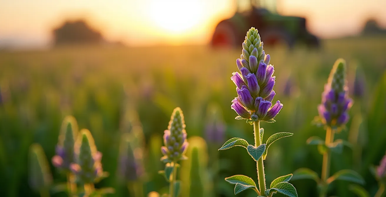 Detalle macro de plantas de alfalfa mostrando el 10% de floración ideal para el corte en campo español