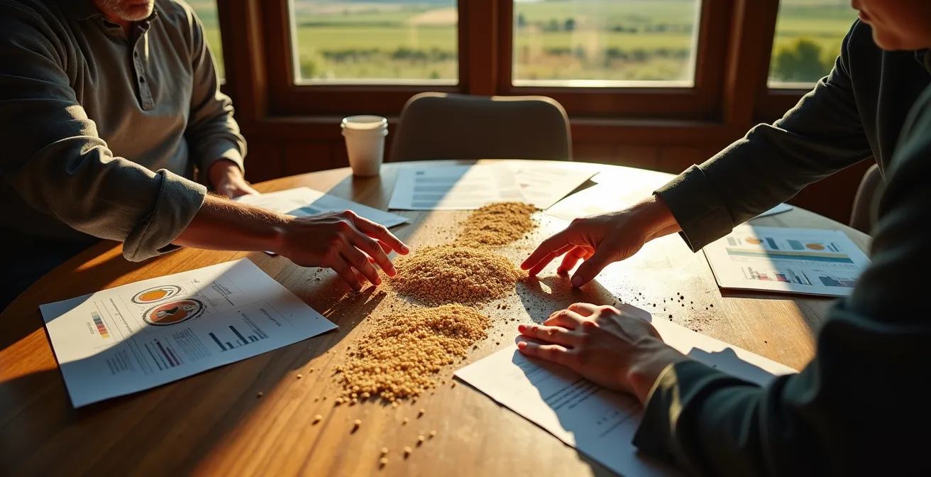 Grupo de agricultores en mesa de negociación con documentos y calculadoras