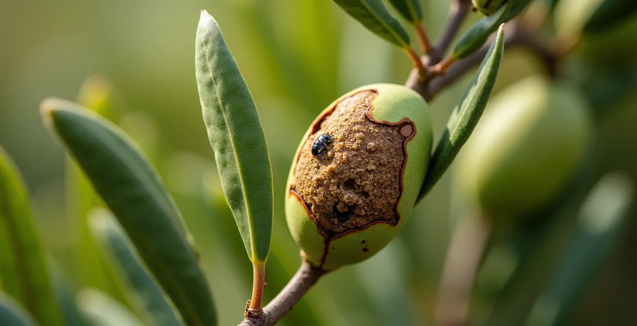 Detalle macro de hojas de olivo afectadas por plagas mostrando el daño en monocultivos