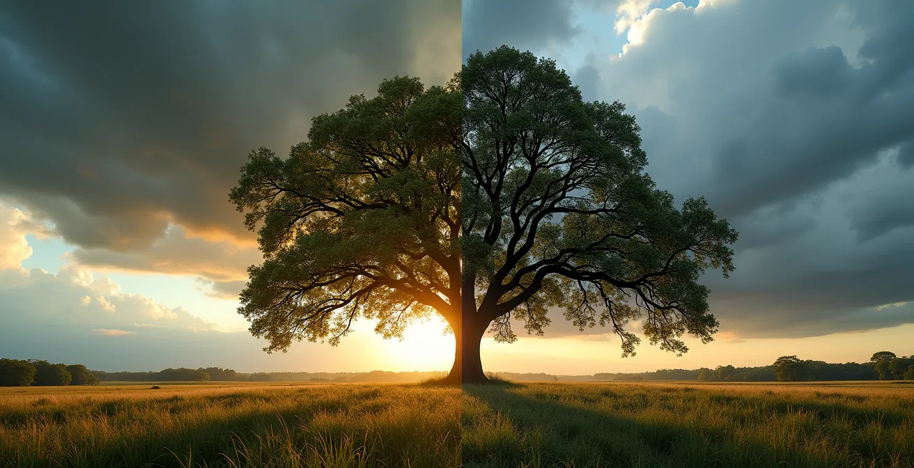 Comparación visual entre resistencia vertical monogénica (un solo árbol fuerte) y horizontal poligénica (un bosque diverso y resiliente)