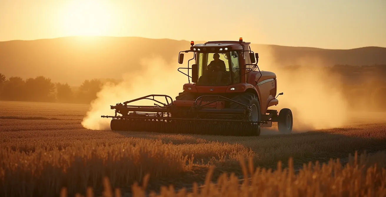 Sembradora de siembra directa trabajando sobre rastrojo en campo castellano