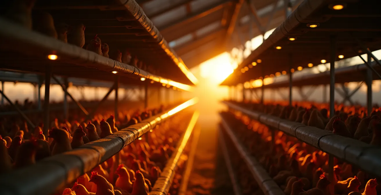 Interior de gallinero con sistema de iluminación LED de espectro variable al atardecer