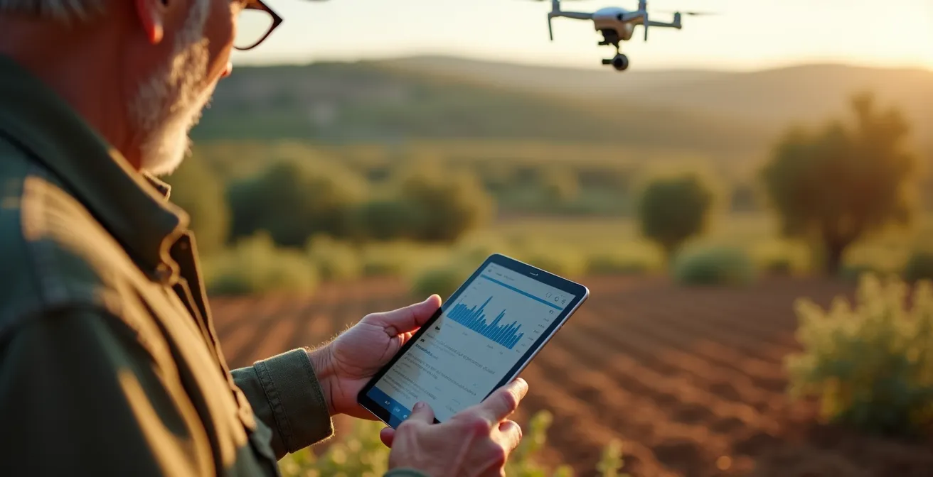Agricultor usando tablet para monitorear sensores de humedad mientras un dron sobrevuela cultivos con cubiertas vegetales