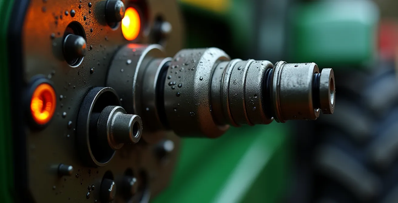 Panel de control mostrando datos de telemetría de flota agrícola con alertas de mantenimiento