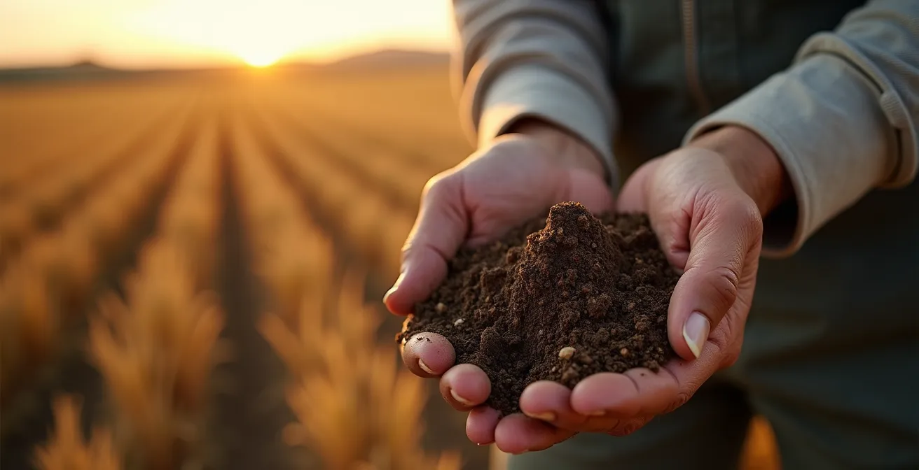 Campo de cereal con rastrojo mantenido en superficie mostrando laboreo de conservación