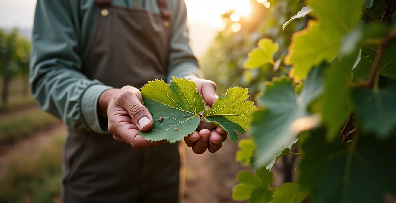 Viñedo mostrando síntomas de mildiu con detalle de hojas afectadas y condiciones ambientales