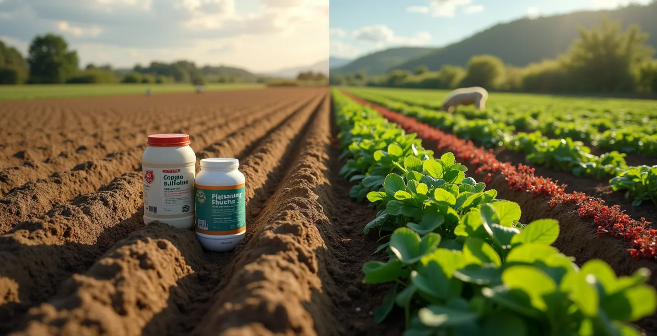 Comparación visual entre agricultura ecológica sustitutiva y agroecología sistémica mostrando la complejidad del ecosistema agrícola