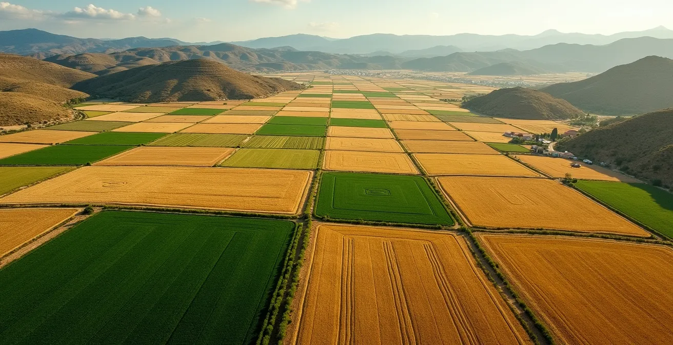 Vista aérea de parcelas agrícolas mostrando diferentes cultivos en mosaico típico español